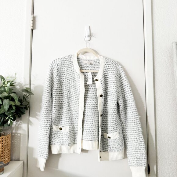 NEW LOFT Marled Tweed Sweater Jacket Cardigan Knit Gray White Button Up Medium - Picture 1 of 10